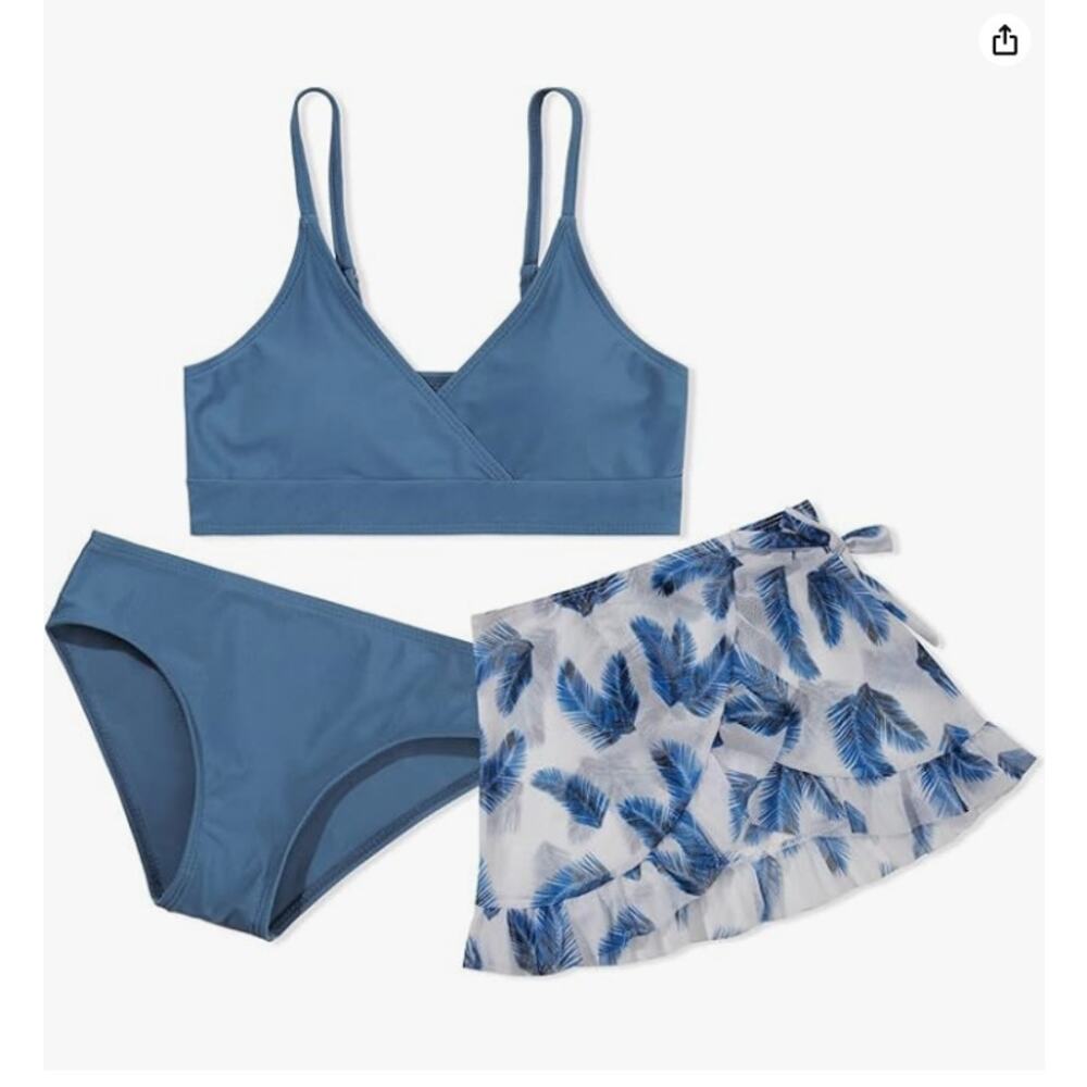 Girls' Size 10 Yr Bathing Suit 3 Piece Swim Set Bikini & Sheer Skirt Blue White